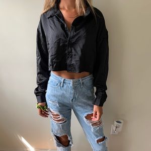 Missguided black satin crop shirt